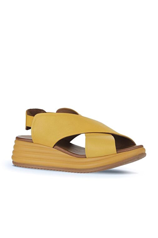 Bueno Shoes Sarı Deri Kadın Dolgu Topuklu Sandalet 01wy5703 - Görsel 4