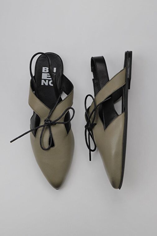 Bueno Shoes Haki Siyah Deri Kadın Düz Sandalet 01wy1803 - Görsel 6