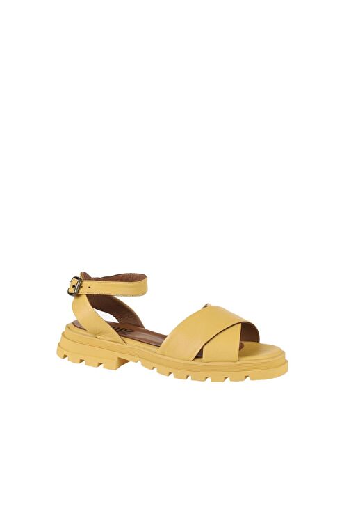 Bueno Shoes Sarı Deri Kadın Dolgu Topuklu Sandalet 01wy5508 - Görsel 4