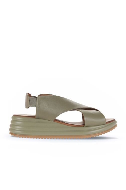 Bueno Shoes Haki Deri Kadın Dolgu Topuklu Sandalet 01wy5703 - Görsel 2