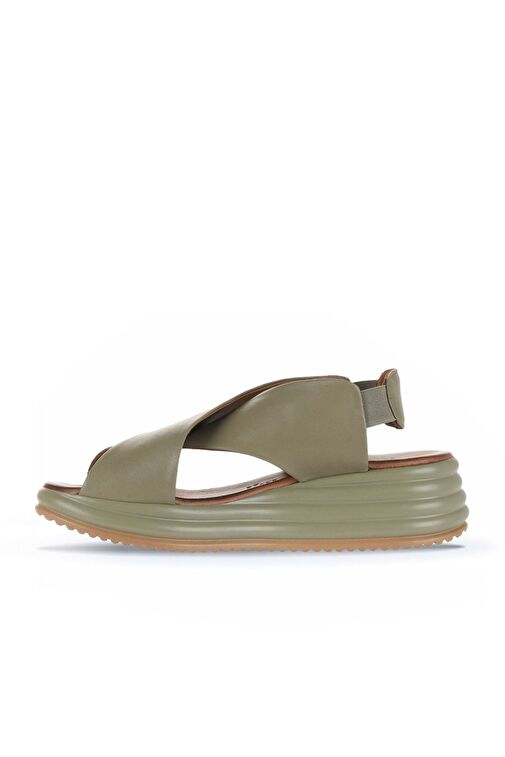 Bueno Shoes Haki Deri Kadın Dolgu Topuklu Sandalet 01wy5703 - Görsel 4