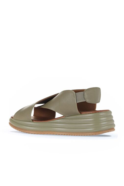 Bueno Shoes Haki Deri Kadın Dolgu Topuklu Sandalet 01wy5703 - Görsel 5