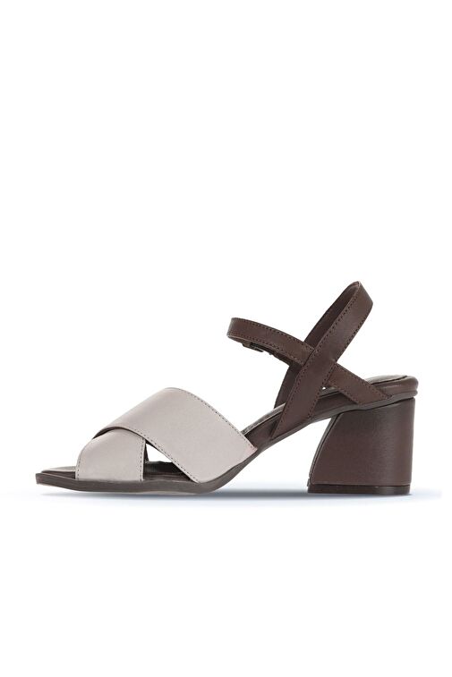 Bueno Shoes Gri Kahve Deri Kadın Topuklu Sandalet 01wa3500 - Görsel 4