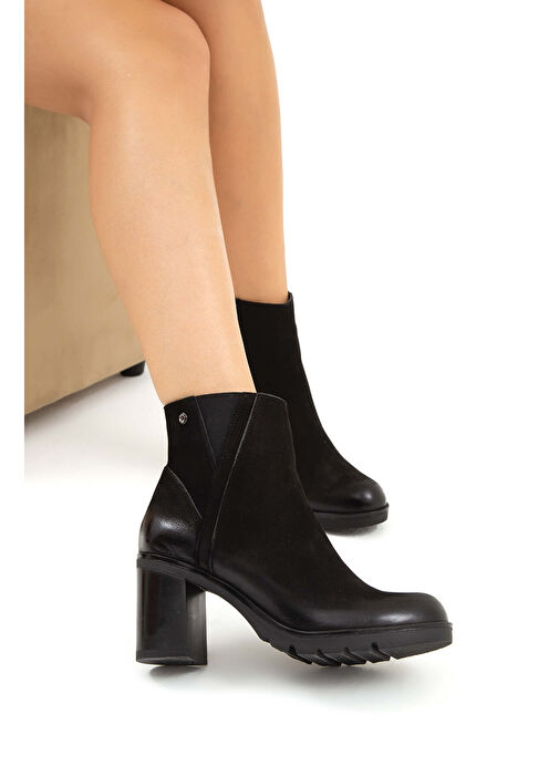 Tamer Tanca Kadın Hakiki Deri Siyah Nubuk Klasik Bot - Görsel 8