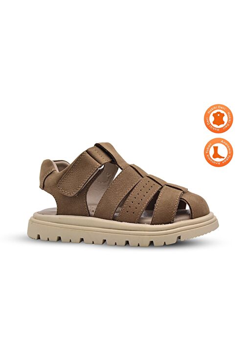 Galler Hakiki Deri Tek Cırtlı Unisex Çocuk Sandalet Kum Rengi - Görsel 2