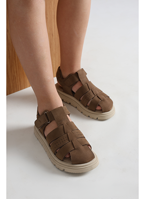 Galler Hakiki Deri Tek Cırtlı Unisex Çocuk Sandalet Kum Rengi - Görsel 8
