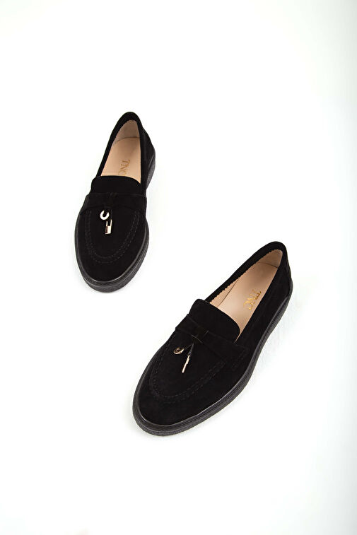 Tamer Tanca Kadın Hakiki Deri Siyah Süet Loafer Ayakkabı - Görsel 4