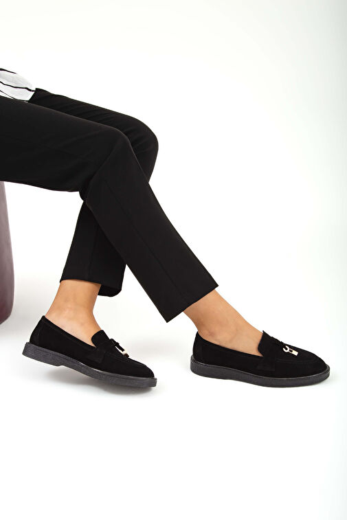 Tamer Tanca Kadın Hakiki Deri Siyah Süet Loafer Ayakkabı - Görsel 3