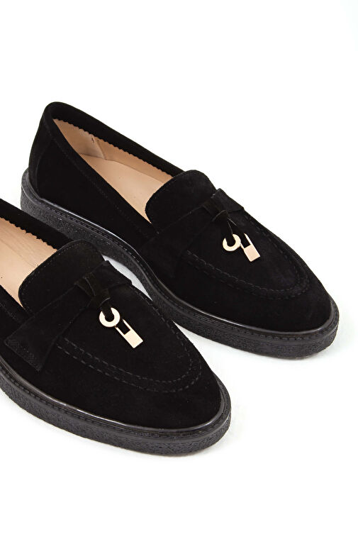 Tamer Tanca Kadın Hakiki Deri Siyah Süet Loafer Ayakkabı - Görsel 5