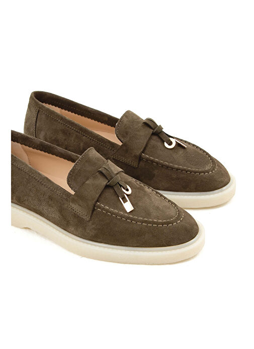 Tamer Tanca Kadın Hakiki Deri Haki Süet Loafer Ayakkabı - Görsel 2