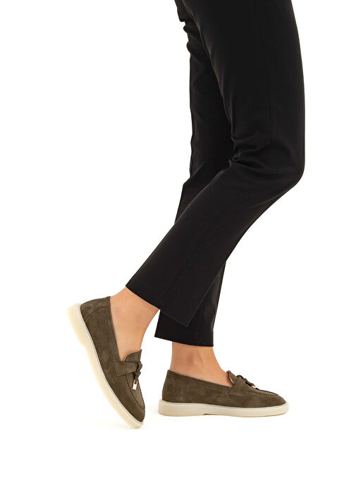 Tamer Tanca Kadın Hakiki Deri Haki Süet Loafer Ayakkabı - Görsel 5