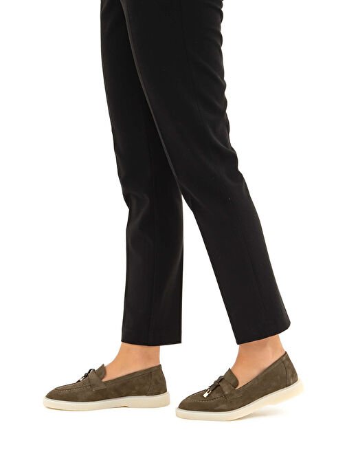 Tamer Tanca Kadın Hakiki Deri Haki Süet Loafer Ayakkabı - Görsel 7