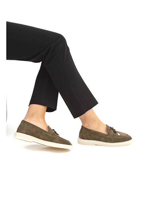 Tamer Tanca Kadın Hakiki Deri Haki Süet Loafer Ayakkabı - Görsel 8