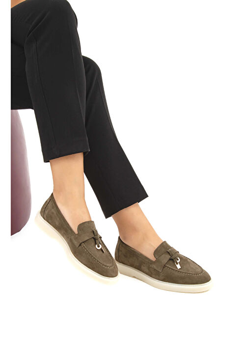 Tamer Tanca Kadın Hakiki Deri Haki Süet Loafer Ayakkabı - Görsel 9