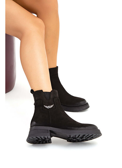 Tamer Tanca Kadın Hakiki Deri Siyah Nubuk Casual Bot - Görsel 4