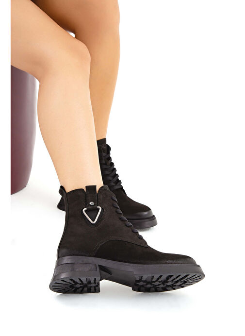 Tamer Tanca Kadın Hakiki Deri Siyah Nubuk Casual Bot - Görsel 5