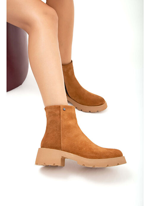 Tamer Tanca Kadın Hakiki Deri Taba Süet Casual Bot - Görsel 8