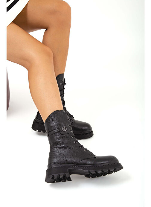 Tamer Tanca Kadın Hakiki Deri Siyah Floter Casual Bot - Görsel 9