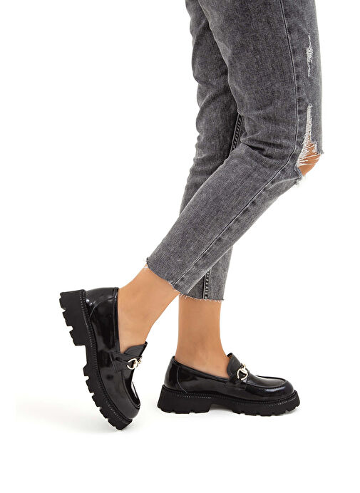 Tamer Tanca Kadın Hakiki Deri Siyah Rugan Loafer Ayakkabı - Görsel 6