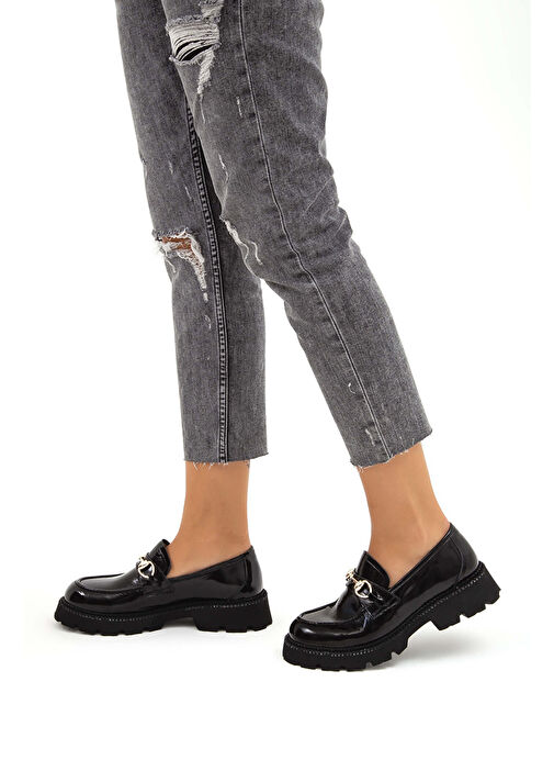 Tamer Tanca Kadın Hakiki Deri Siyah Rugan Loafer Ayakkabı - Görsel 8