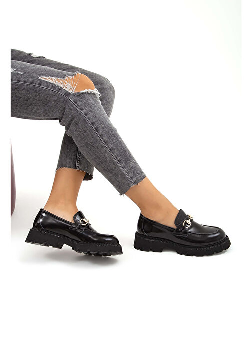 Tamer Tanca Kadın Hakiki Deri Siyah Rugan Loafer Ayakkabı - Görsel 9