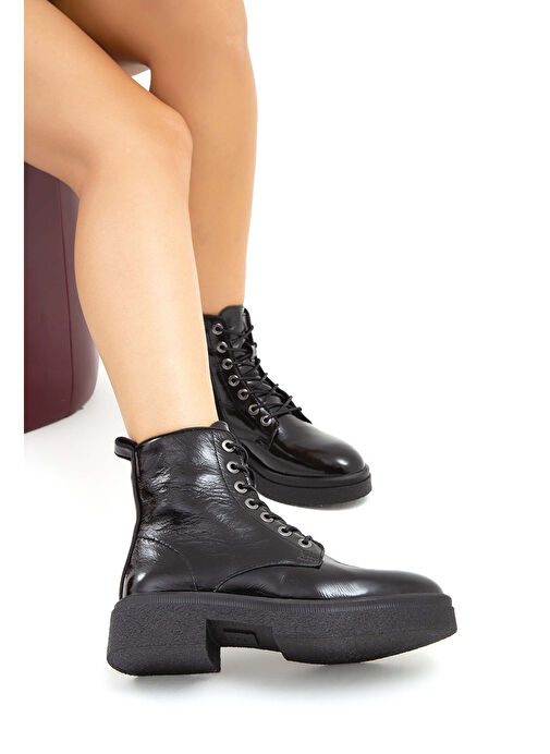 Tamer Tanca Kadın Hakiki Deri Siyah Rugan Casual Bot - Görsel 4