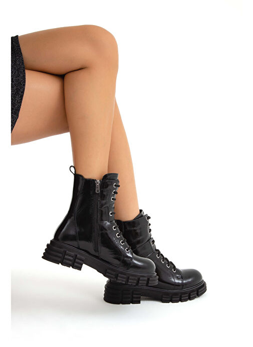 Tamer Tanca Kadın Hakiki Deri Siyah Rugan POSTAL Bot - Görsel 5