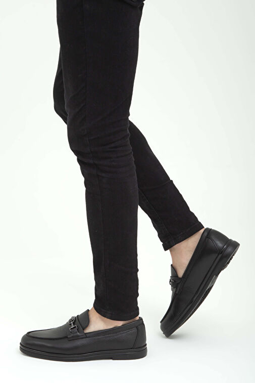 Tamer Tanca Erkek Hakiki Deri Siyah Kürklü Loafer Ayakkabı - Görsel 4