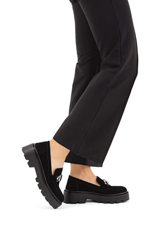 Tamer Tanca Kadın Suni Deri Siyah Süet Loafer Ayakkabı - Görsel 2