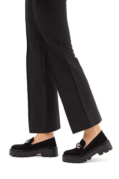 Tamer Tanca Kadın Suni Deri Siyah Süet Loafer Ayakkabı - Görsel 4