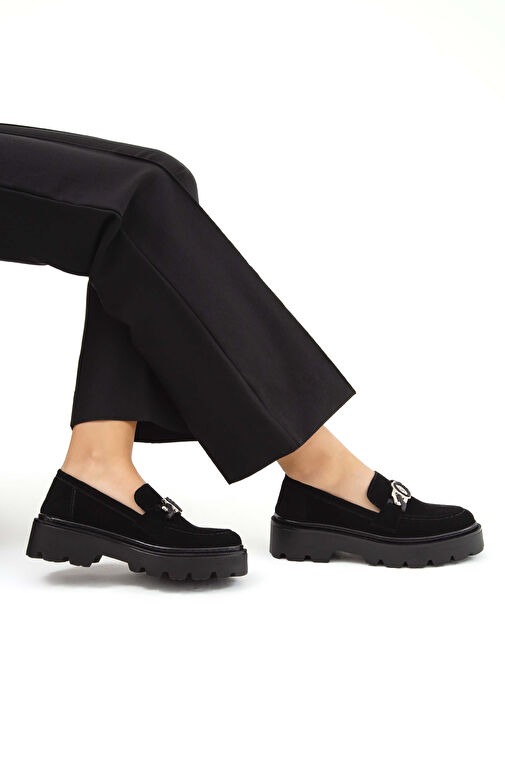 Tamer Tanca Kadın Suni Deri Siyah Süet Loafer Ayakkabı - Görsel 5