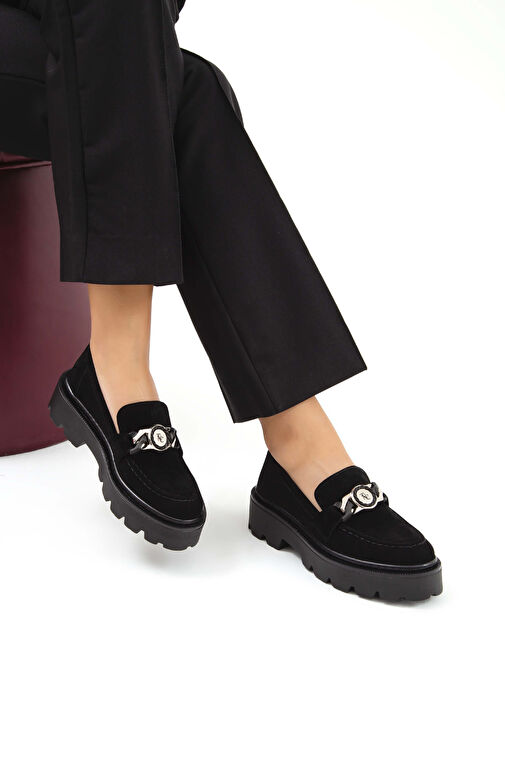 Tamer Tanca Kadın Suni Deri Siyah Süet Loafer Ayakkabı - Görsel 6