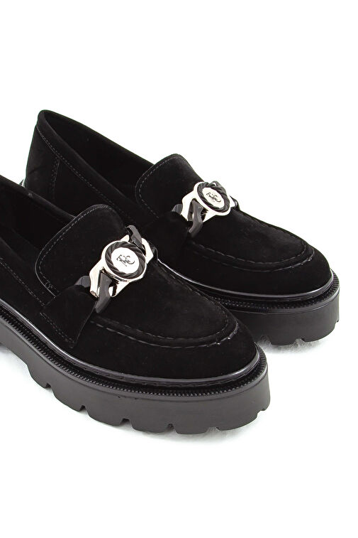 Tamer Tanca Kadın Suni Deri Siyah Süet Loafer Ayakkabı - Görsel 8