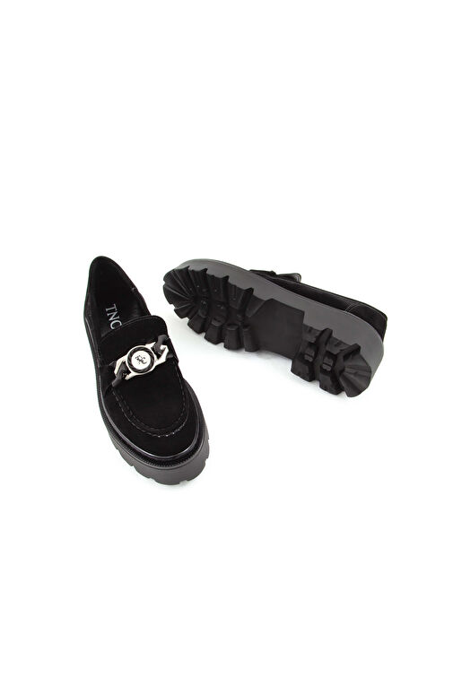 Tamer Tanca Kadın Suni Deri Siyah Süet Loafer Ayakkabı - Görsel 9