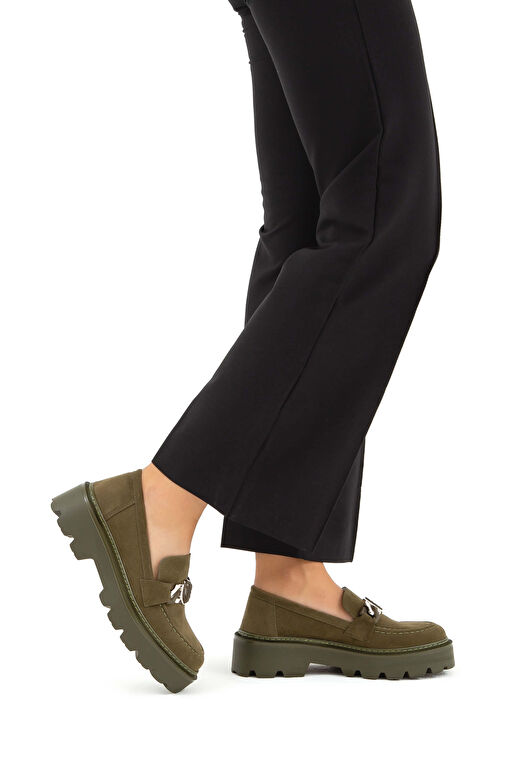 Tamer Tanca Kadın Suni Deri Haki Süet Loafer Ayakkabı - Görsel 2