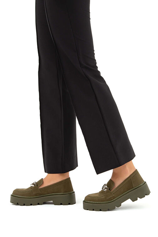 Tamer Tanca Kadın Suni Deri Haki Süet Loafer Ayakkabı - Görsel 4