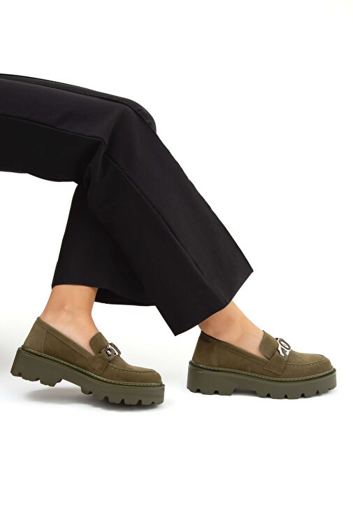 Tamer Tanca Kadın Suni Deri Haki Süet Loafer Ayakkabı - Görsel 5