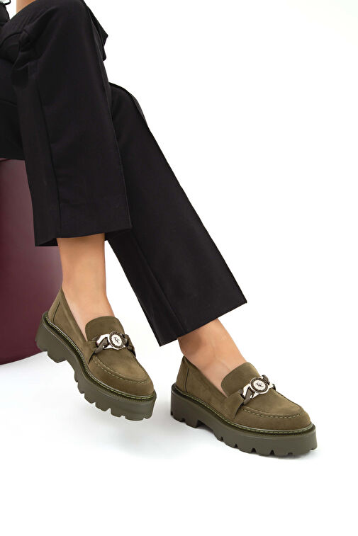 Tamer Tanca Kadın Suni Deri Haki Süet Loafer Ayakkabı - Görsel 6