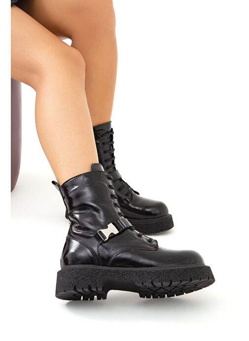 Tamer Tanca Kadın Hakiki Deri Siyah Rugan POSTAL Bot - Görsel 8