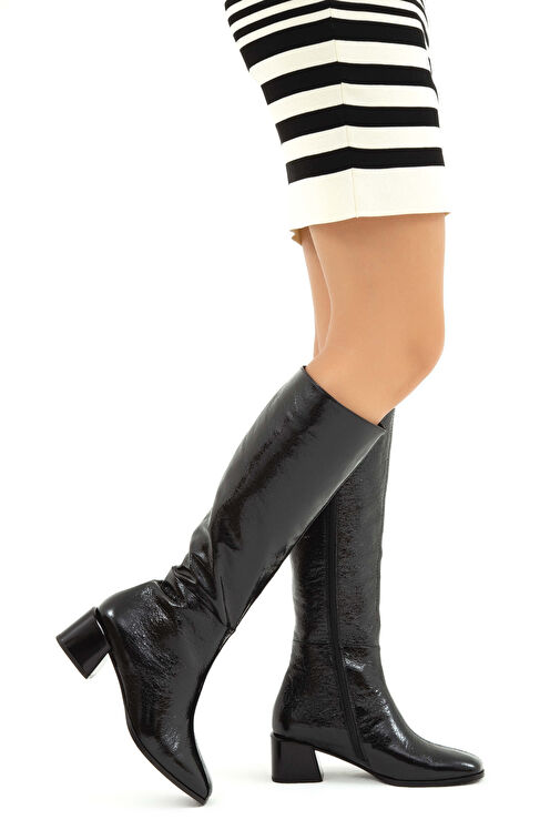 Tamer Tanca Kadın Hakiki Deri Siyah Rugan Topuklu Çizme - Görsel 2