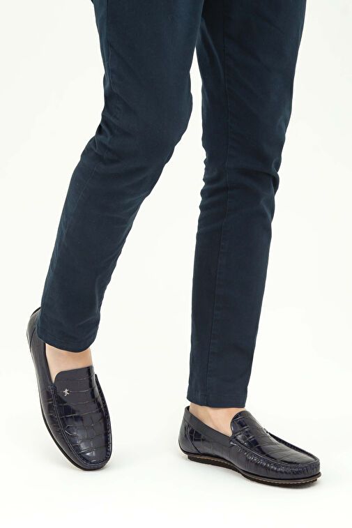 Tamer Tanca Erkek Hakiki Deri Lacivert Kroko Driver Ayakkabı - Görsel 3