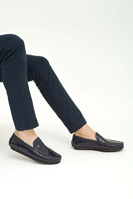 Tamer Tanca Erkek Hakiki Deri Lacivert Kroko Driver Ayakkabı - Görsel 4