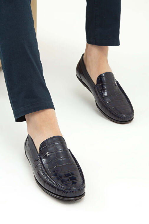 Tamer Tanca Erkek Hakiki Deri Lacivert Kroko Driver Ayakkabı - Görsel 5