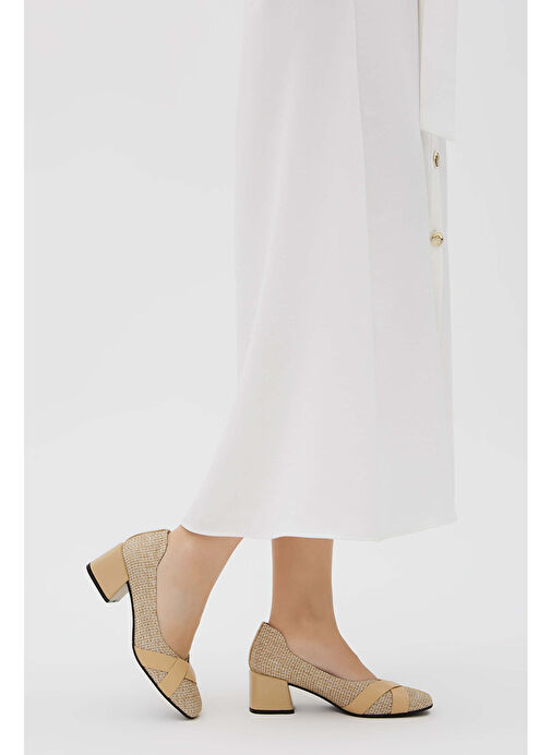 Tamer Tanca Kadın Hakiki Deri Bej Keten Topuklu Ayakkabı - Görsel 5