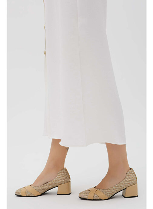 Tamer Tanca Kadın Hakiki Deri Bej Keten Topuklu Ayakkabı - Görsel 7