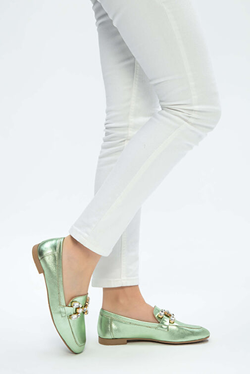 Tamer Tanca Kadın Hakiki Deri Yeşil Loafer Ayakkabı - Görsel 2