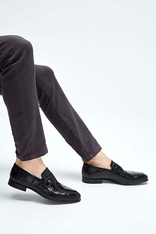 Tamer Tanca Erkek Hakiki Deri Siyah Kroko Makosen Ayakkabı - Görsel 4