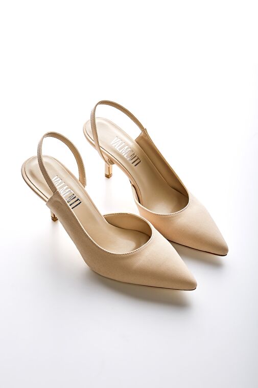 Valmenti Fiorella Kadın Bej Saten Suni Deri Topuklu Ayakkabı - Görsel 4