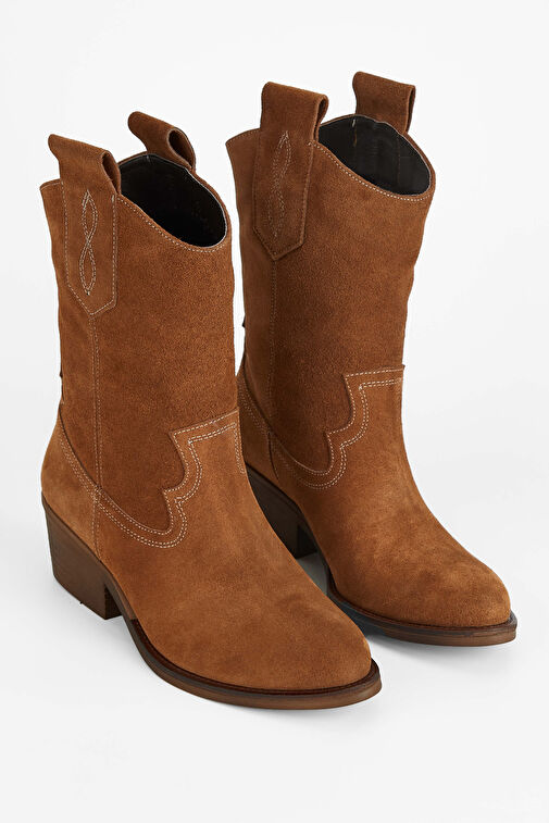 Tamer Tanca Kadın Hakiki Deri Taba Süet Western Bot - Görsel 4