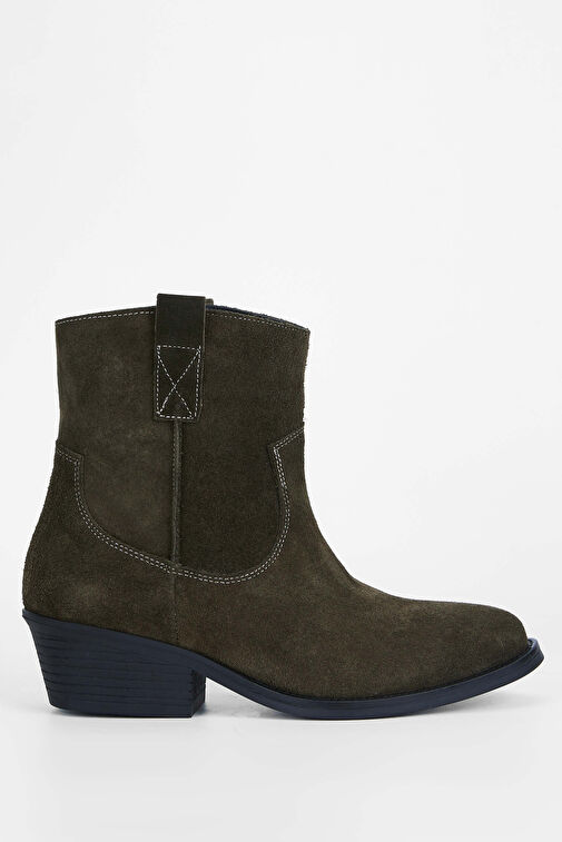 Tamer Tanca Kadın Hakiki Deri Haki Süet Western Bot - Görsel 2
